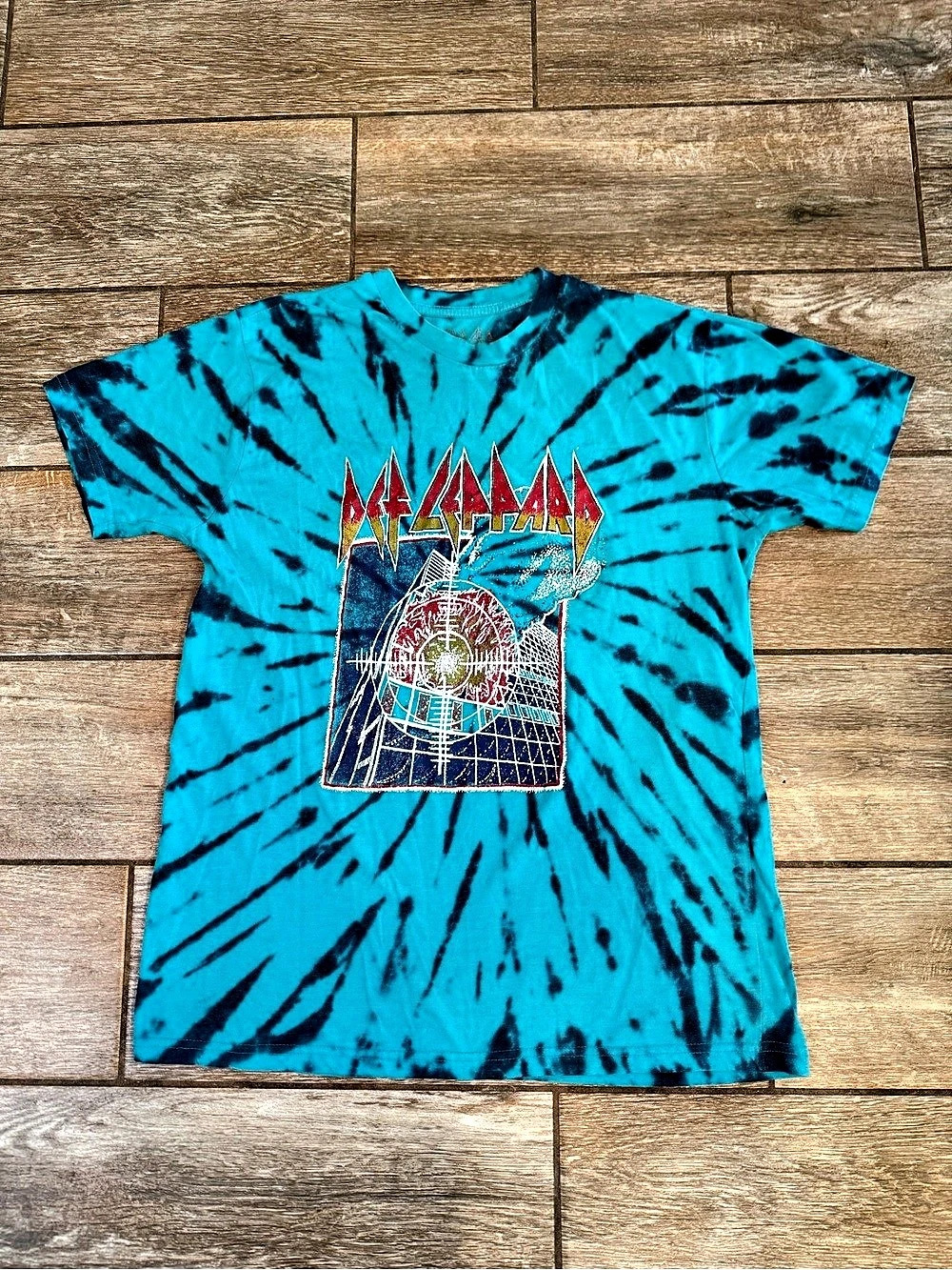 Vintage Def Leppard Tie-Dye Graphic Tee Blue & Black Mens Size Large